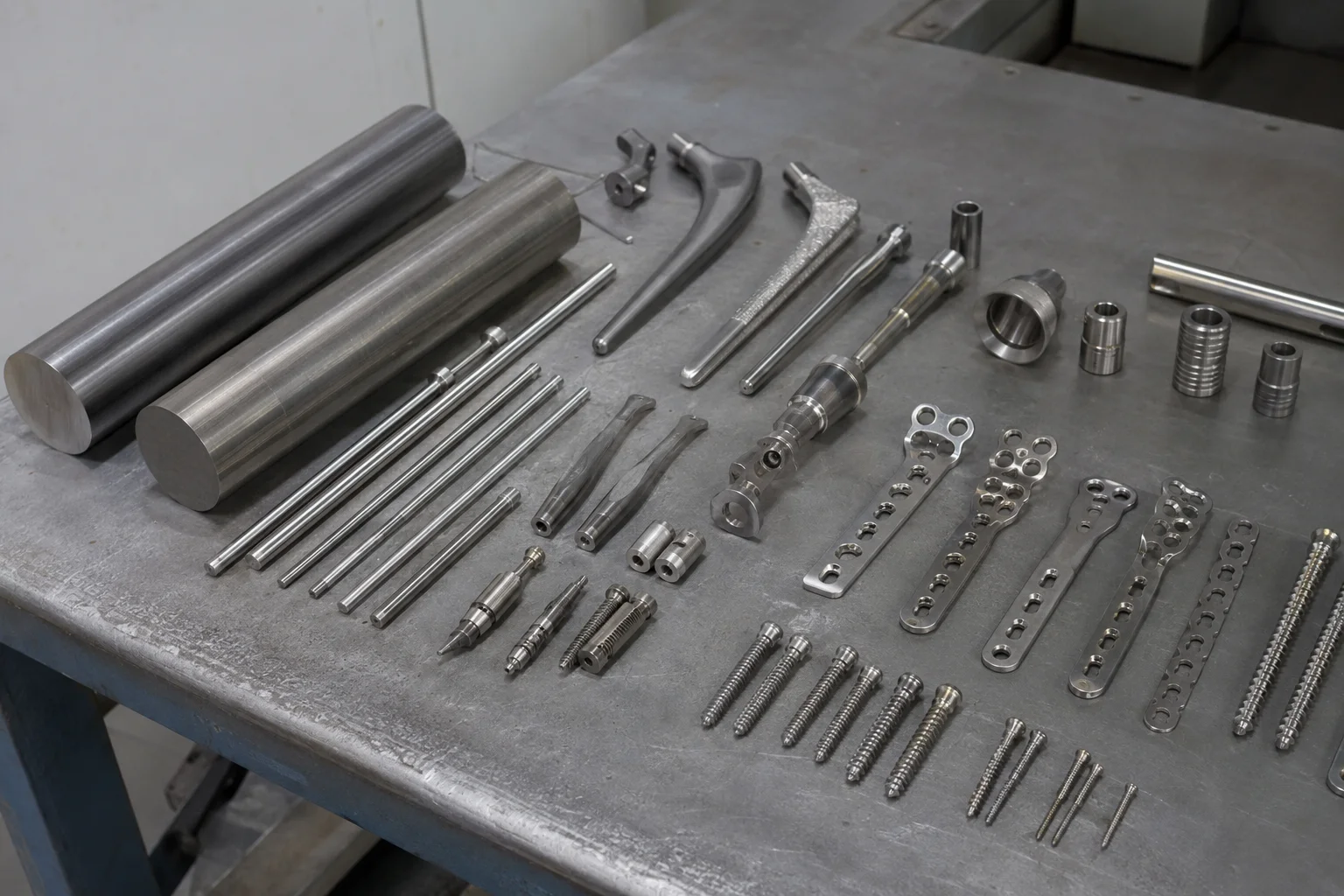 Titanium bars for orthopedic machining blanks being inspected
